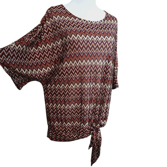 WORTHINGTON Chevron Zig Zag Top Blouse Large Brown Tones Neutral Artsy Career - Picture 2 of 10